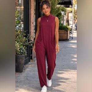 Smash + Tess Burgundy Sleeveless Jumpsuit Size M Bamboo Knit Casual Relaxed Fit